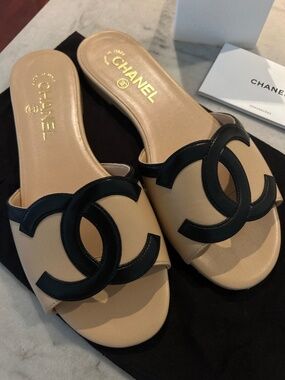 SS26 Chanel Cream and Black Logo Mules Sandals 37.5
